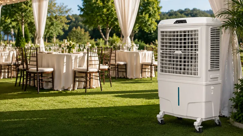Climatizador da K10 em recepção ao ar livre com mesas sob tendas