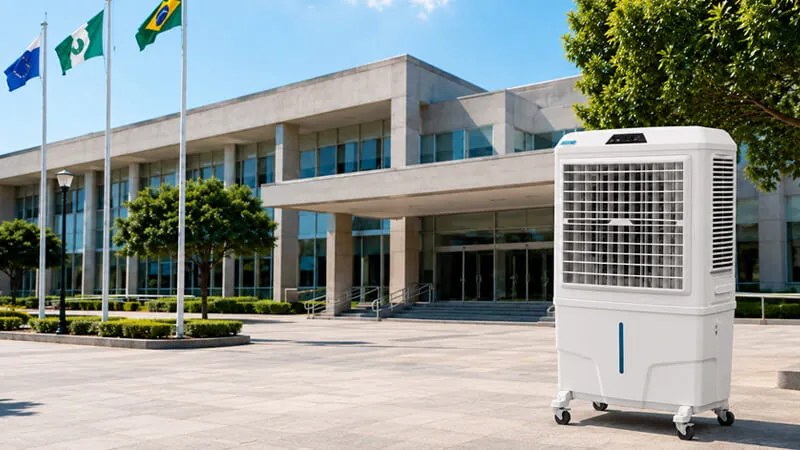 Climatizador da K10 em praça diante de um prédio público com bandeiras