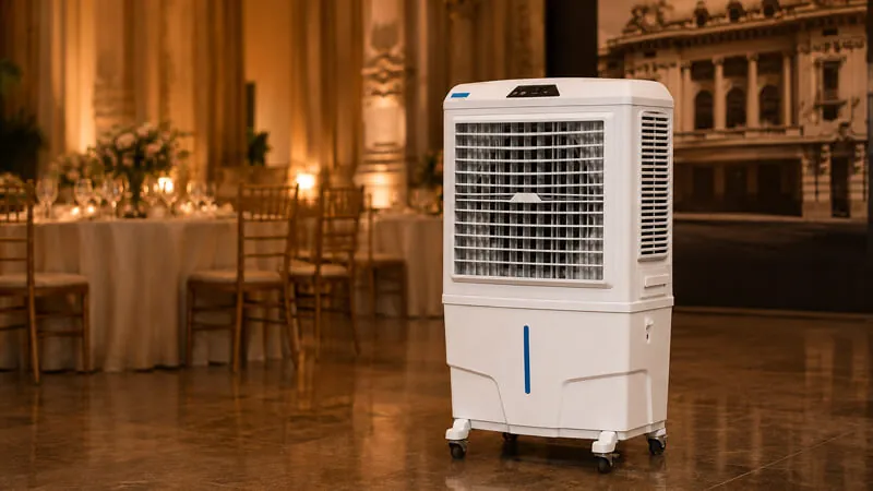 Climatizador da K10 em salão de evento com mesas à luz de velas e painel de prédio histórico ao fundo