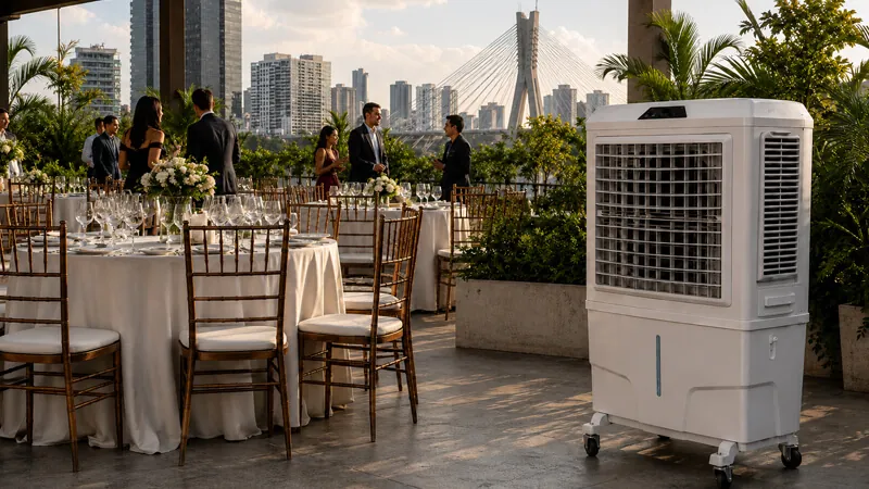 Recepção em terraço na cidade de São Paulo com climatizador da K10