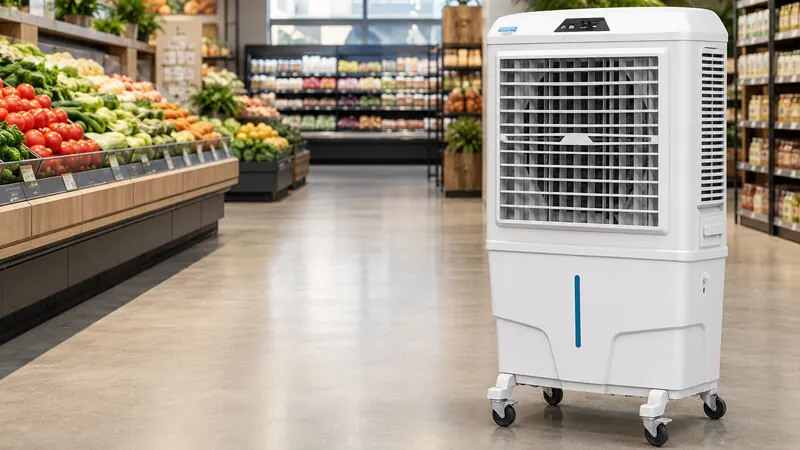 Climatizador da K10 no corredor de hortifrúti de um supermercado