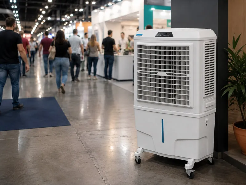Climatizador da K10 em corredor de feira, com estandes e visitantes circulando ao fundo