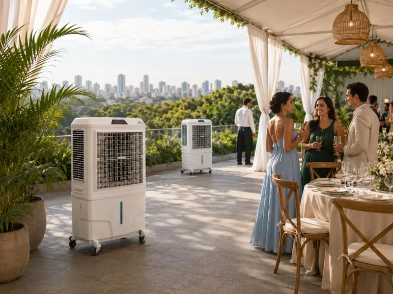 Terraço de festa na Grande São Paulo climatizado por equipamentos da K10