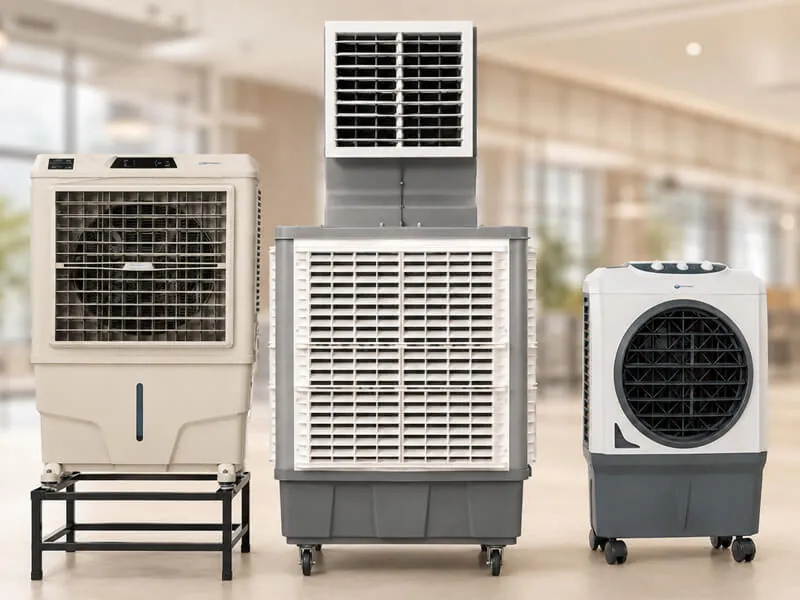 Três climatizadores de portes diferentes em exposição, do portátil ao industrial